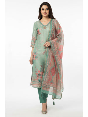 Sea Green Floral Digital Print Straight-Cut Salwar Suit With Intricate Hand Work On Shimmer Chanderi Silk - Image 1