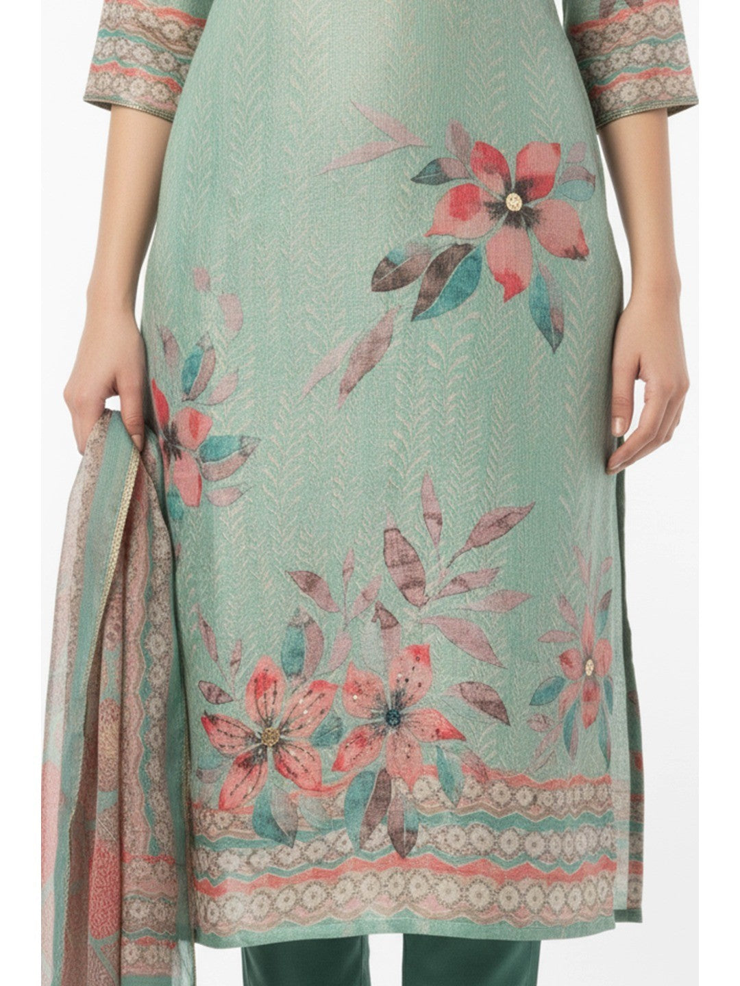 Sea Green Floral Digital Print Straight-Cut Salwar Suit With Intricate Hand Work On Shimmer Chanderi Silk - Image 5