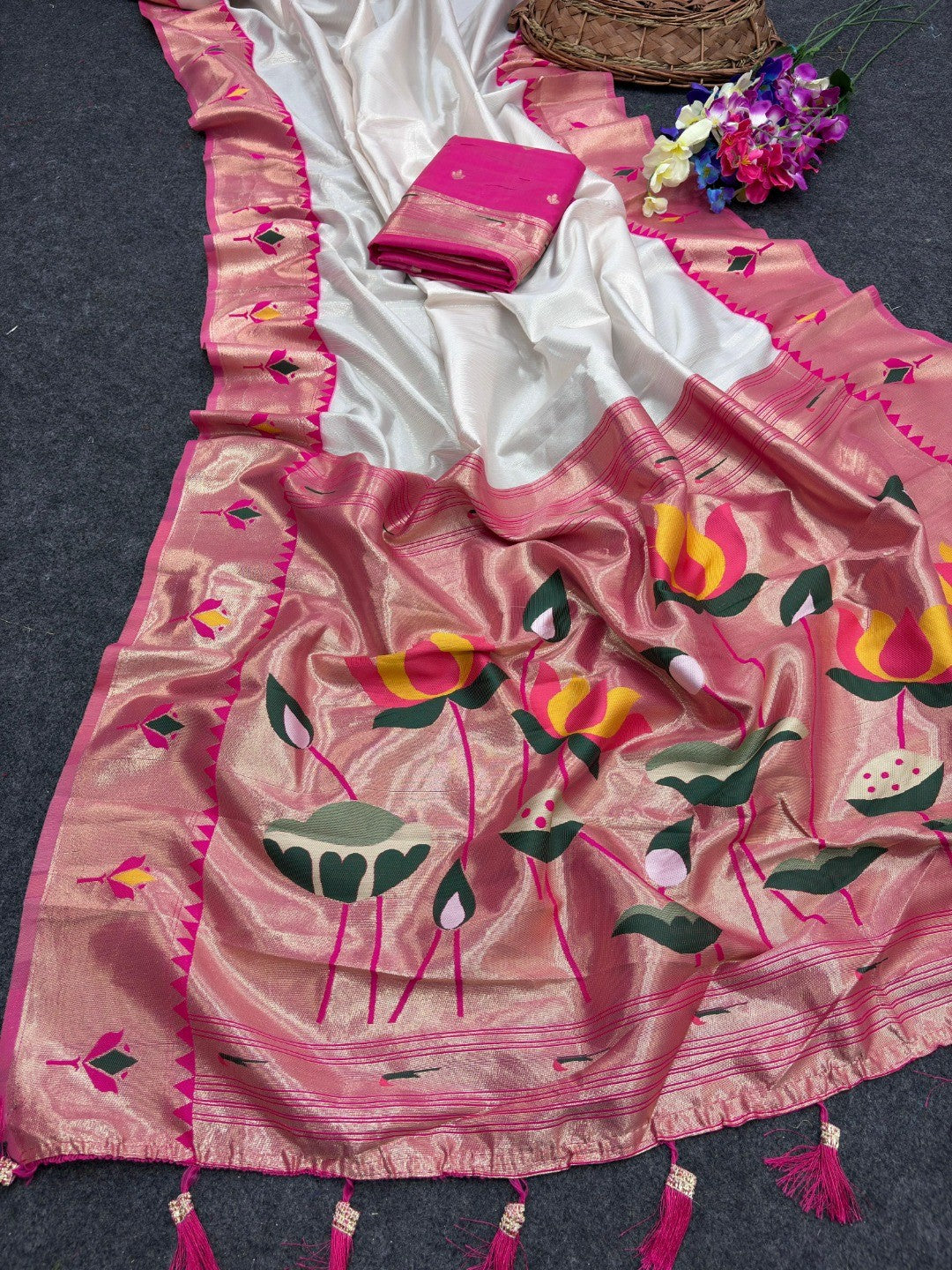 White Soft Tissue Paithani Weaving Saree with Pink Border - Image 2