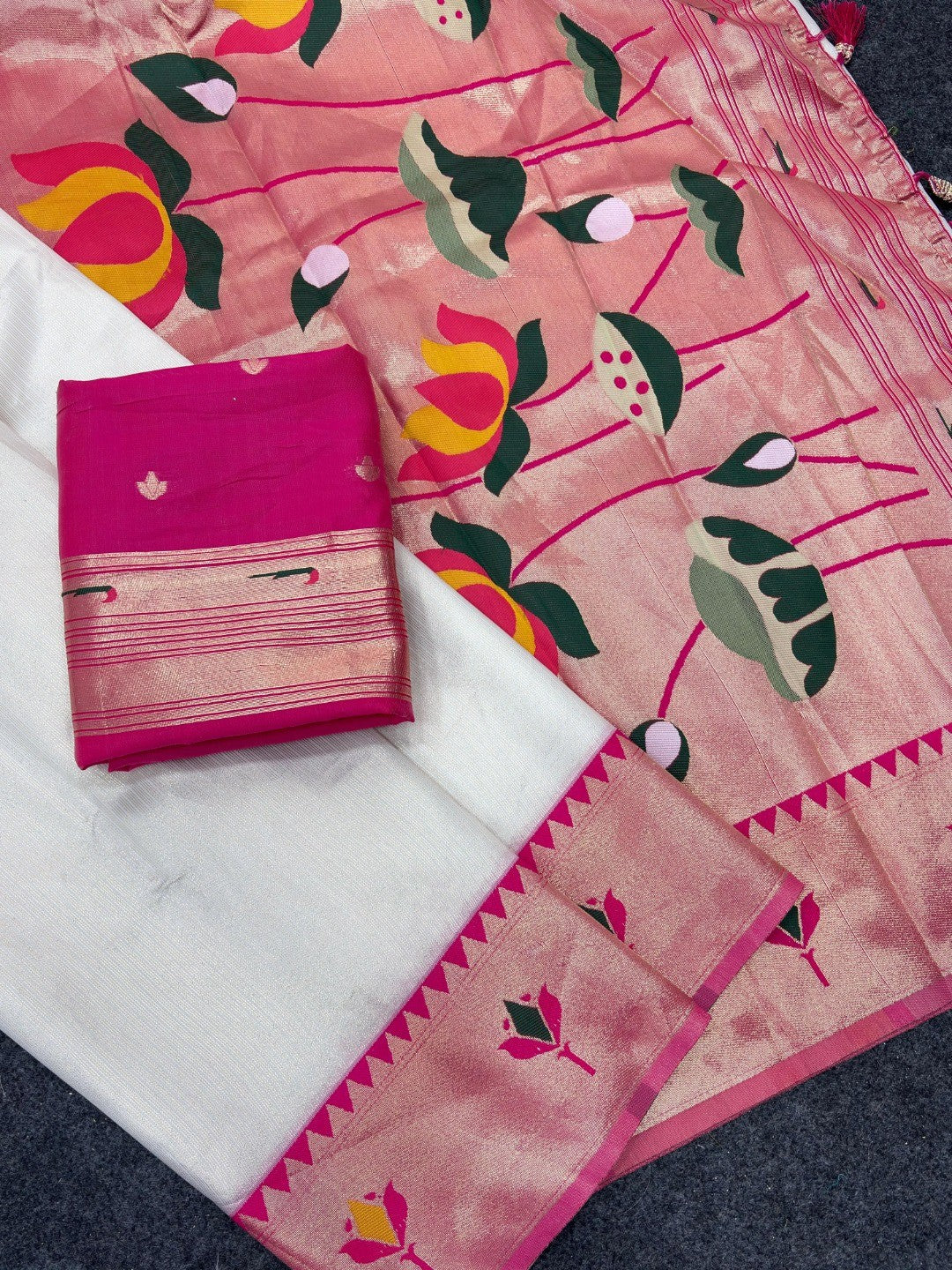 White Soft Tissue Paithani Weaving Saree with Pink Border - Image 3