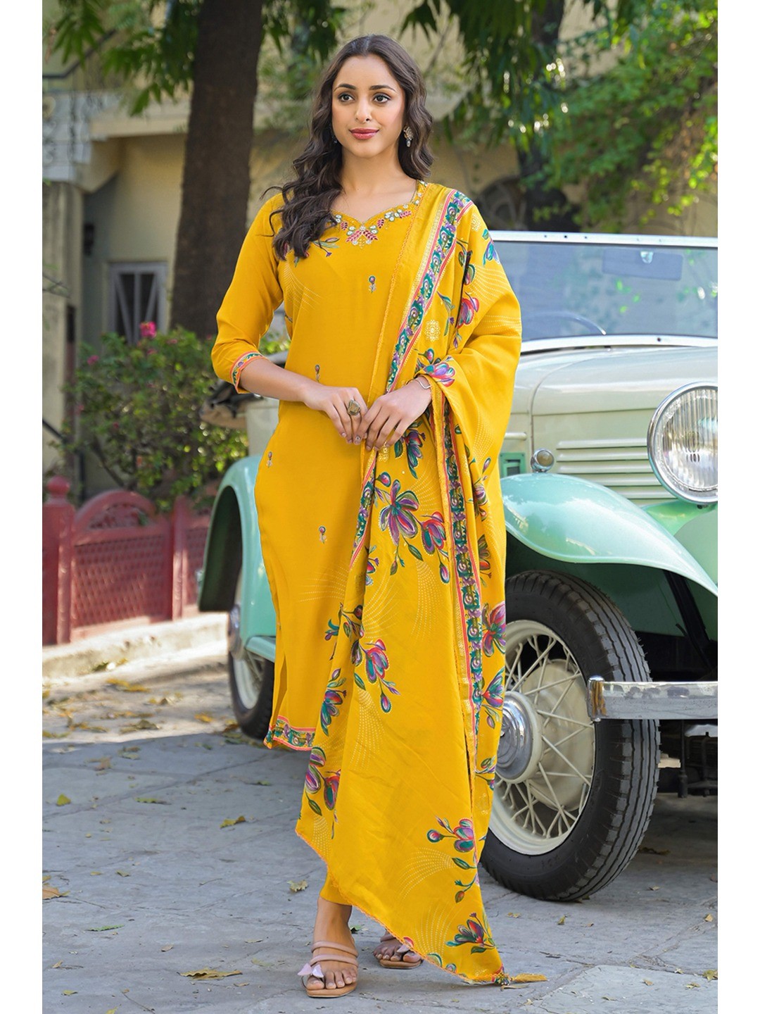 Mustard Floral Printed Thread Work Chanderi Silk Straight Salwar Suit - Image 5