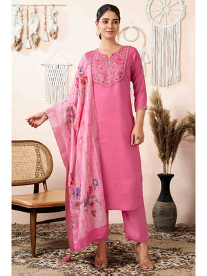 Pink Floral Embroidered Cotton Slub Straight Salwar Suit - Image 1
