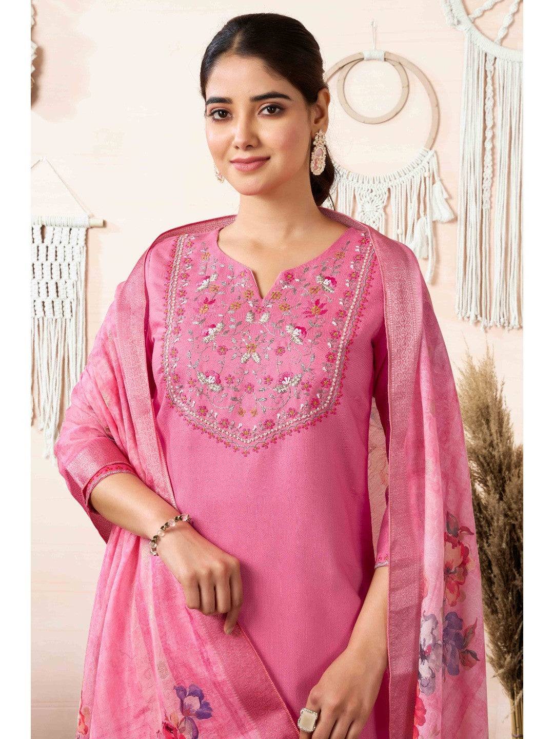 Pink Floral Embroidered Cotton Slub Straight Salwar Suit - Image 5