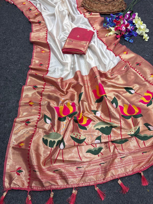 White Soft Tissue Paithani Weaving Saree with Red Border - Image 2