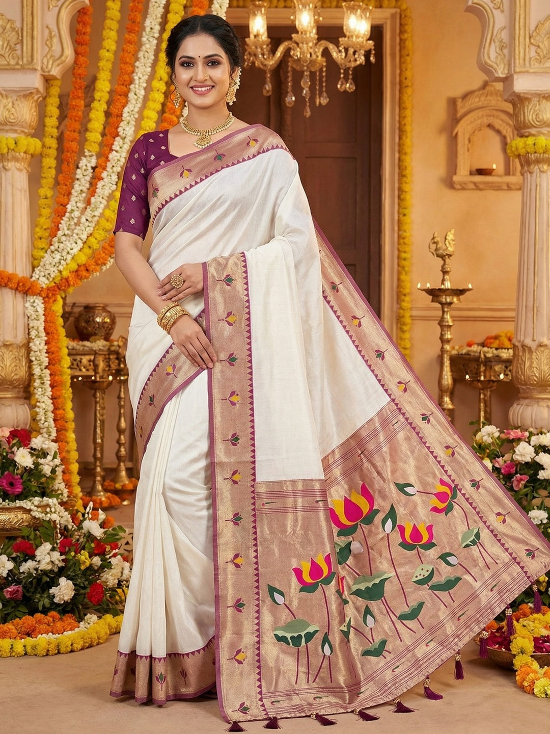 White Soft Tissue Paithani Weaving Saree with Wine Border - Image 1