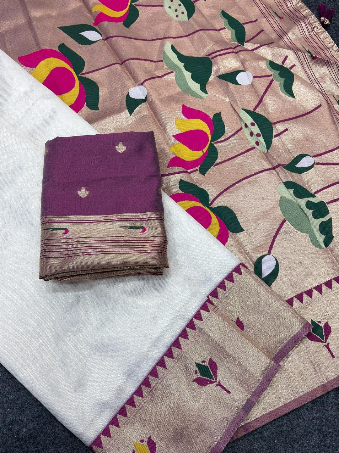 White Soft Tissue Paithani Weaving Saree with Wine Border - Image 3