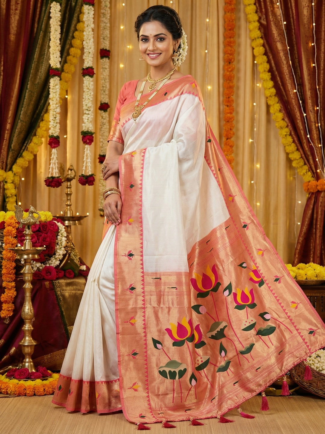 White Soft Tissue Paithani Weaving Saree with Peach Border - Image 1