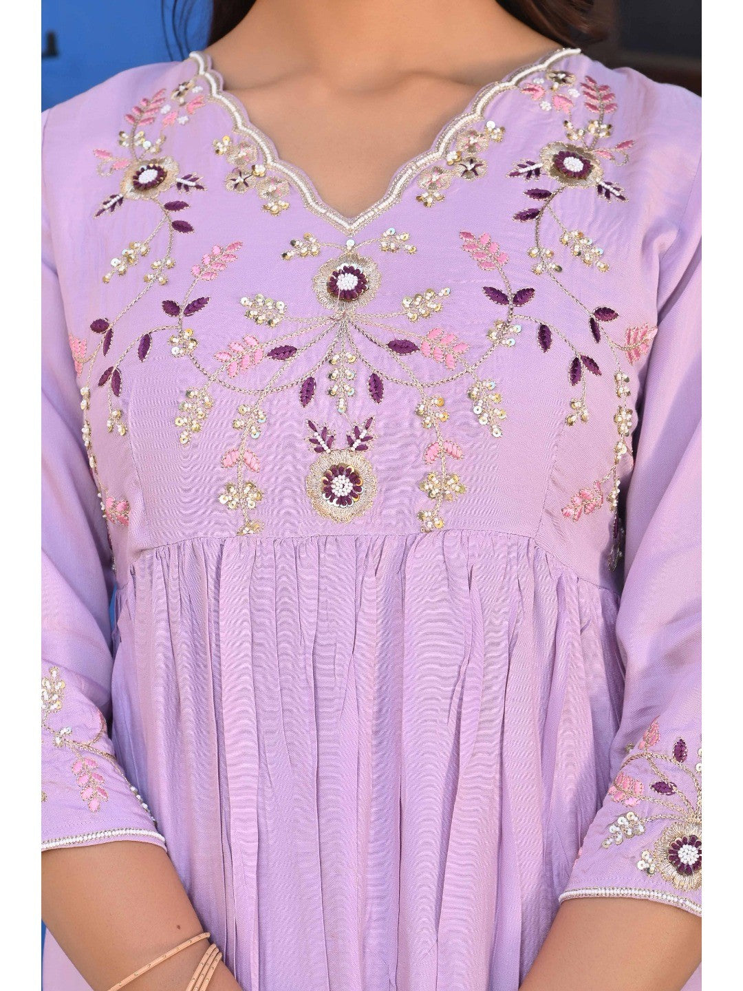 Lavender Floral Embroidered Muslin Anarkali Salwar Suit - Image 9