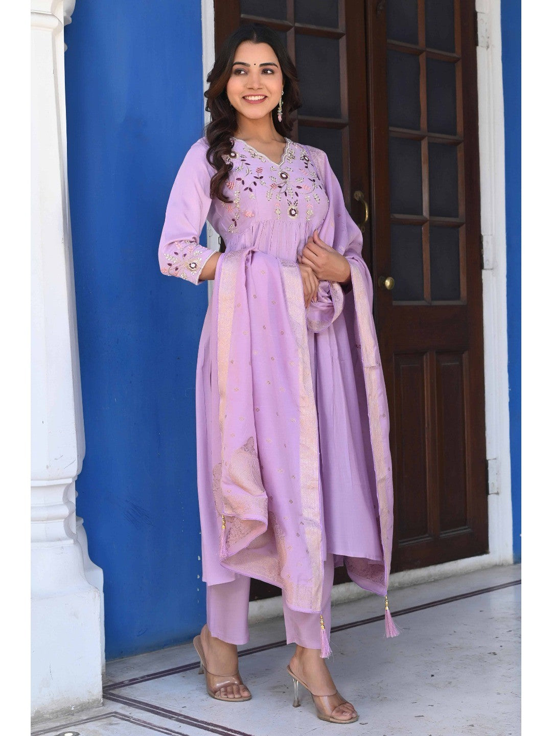 Lavender Floral Embroidered Muslin Anarkali Salwar Suit - Image 5