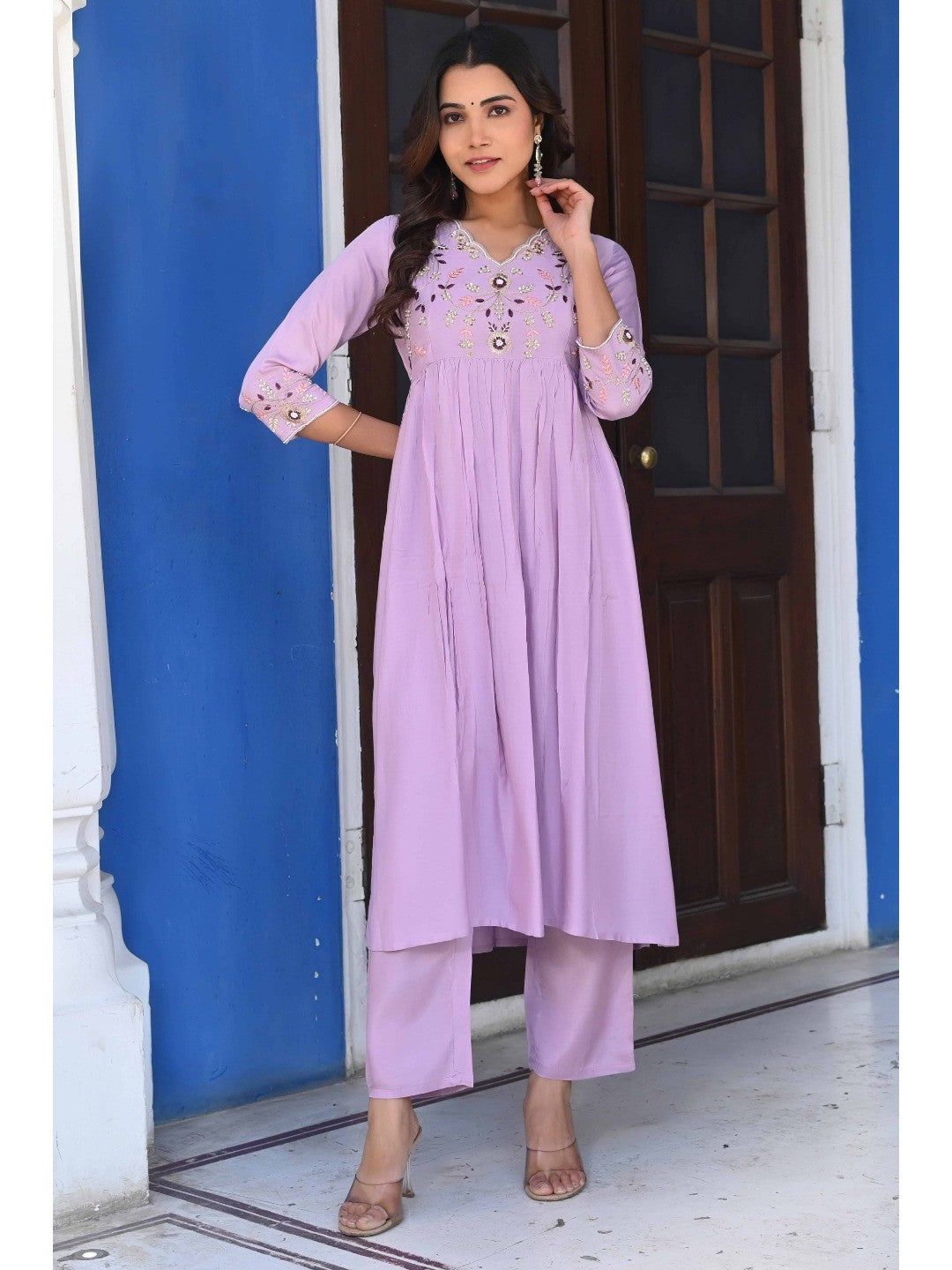 Lavender Floral Embroidered Muslin Anarkali Salwar Suit - Image 2