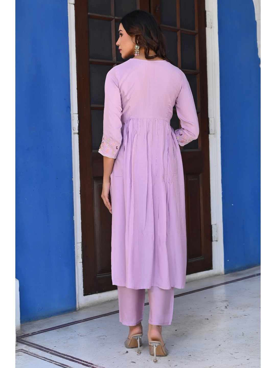 Lavender Floral Embroidered Muslin Anarkali Salwar Suit - Image 8