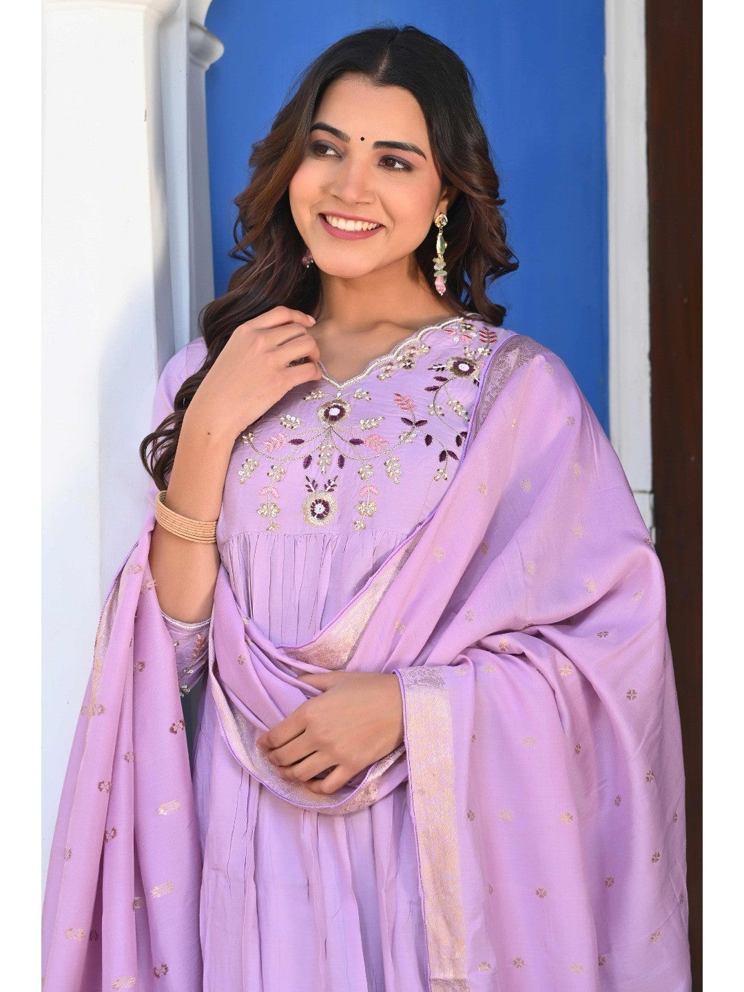 Lavender Floral Embroidered Muslin Anarkali Salwar Suit - Image 4