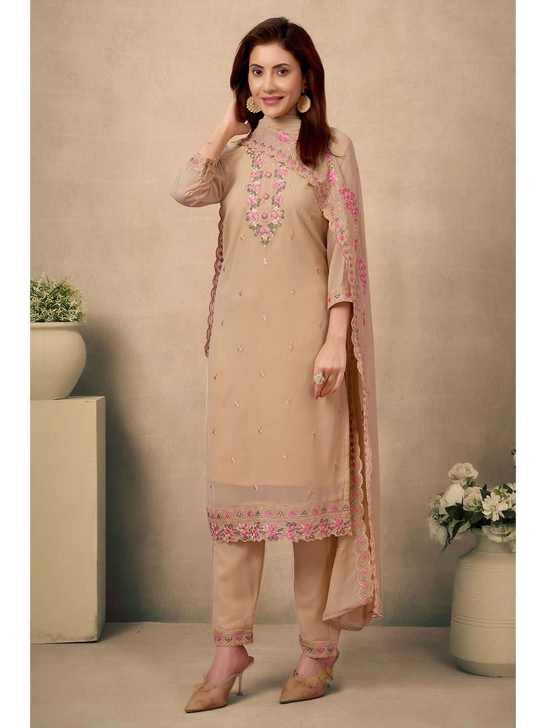 Chikoo Embroidered Straight Salwar Suit in Heavy Viscose Georgette - Image 1