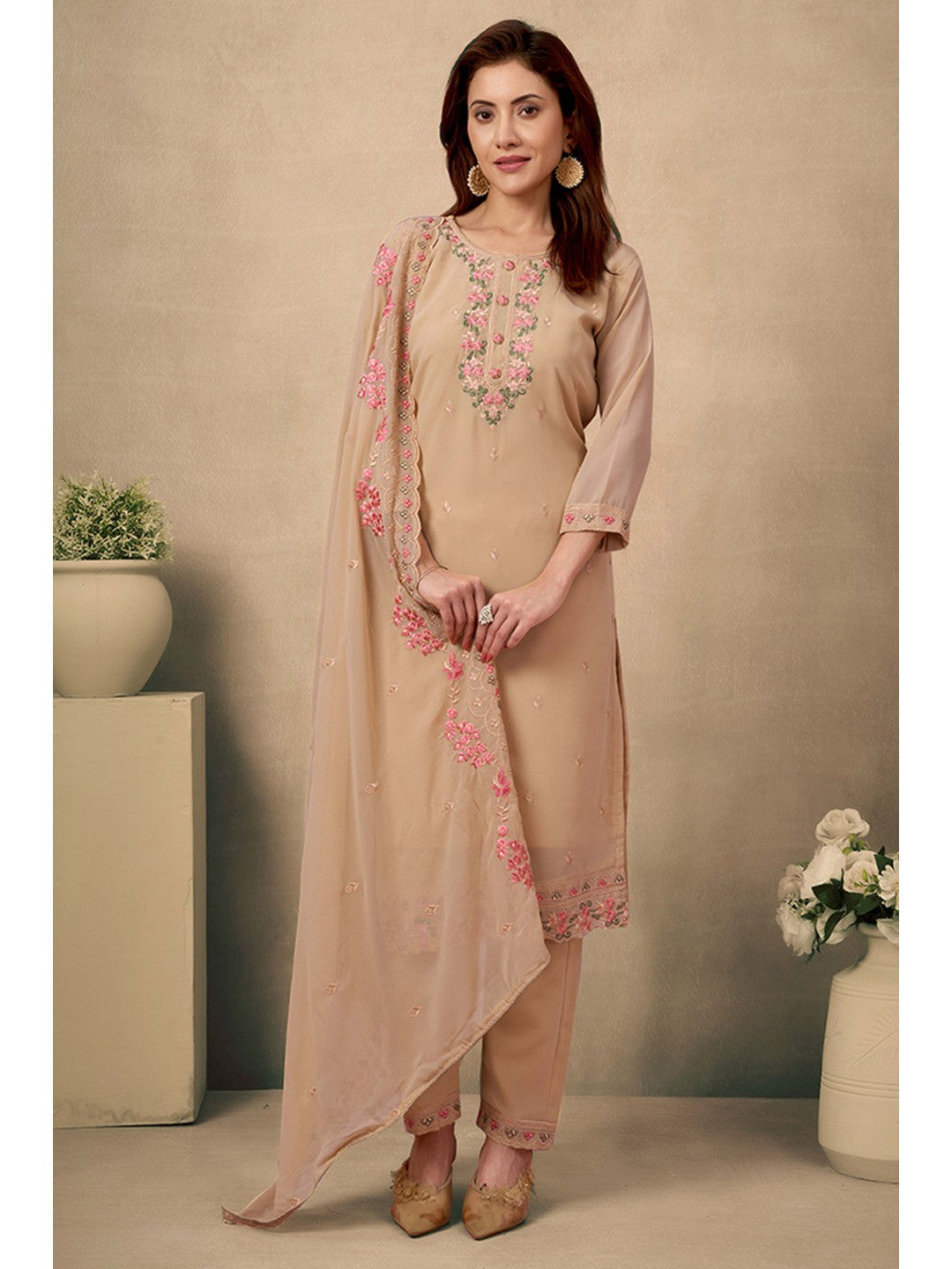 Chikoo Embroidered Straight Salwar Suit in Heavy Viscose Georgette - Image 5