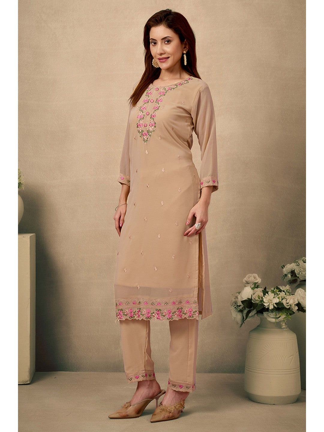 Chikoo Embroidered Straight Salwar Suit in Heavy Viscose Georgette - Image 4