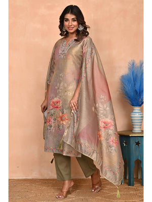 Stylish Olive Straight Cut Suit with Elegant Embroidery on Shimmer Linen - Image 2