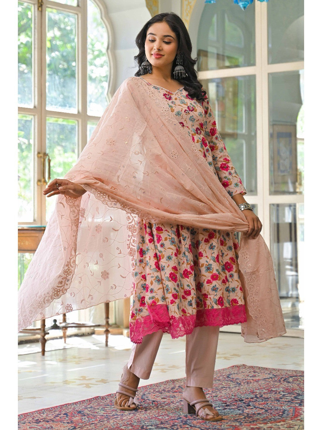 Light Pink Floral Printed Beads Work Pure Cotton Anarkali Salwar Suit - Image 7
