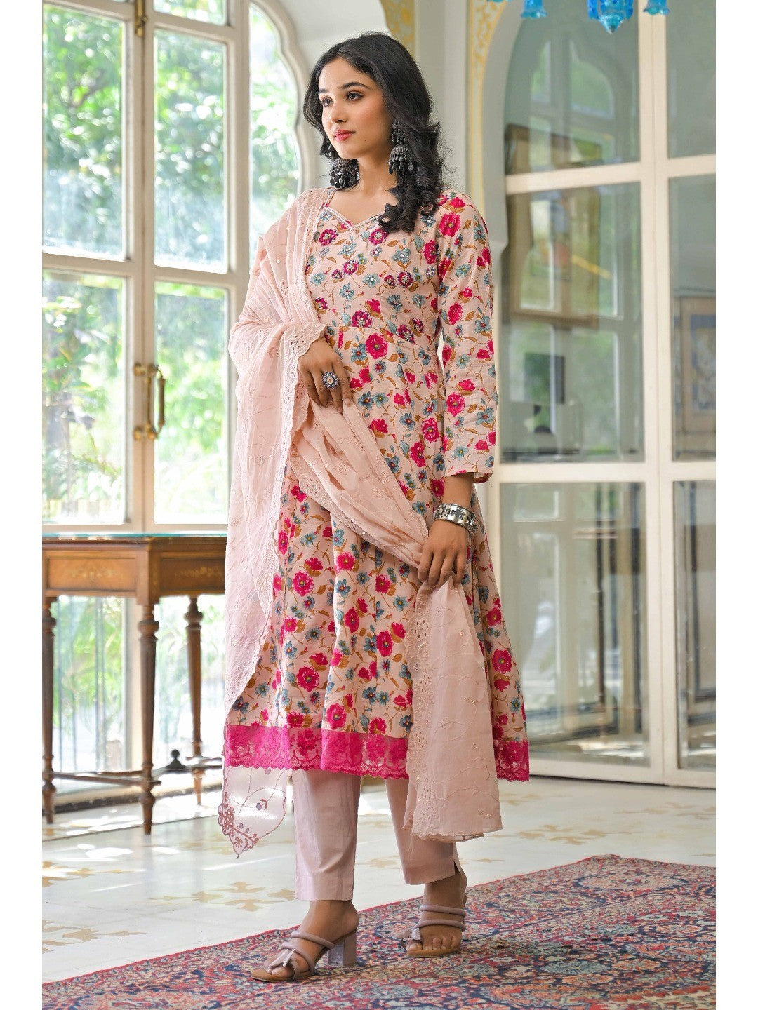 Light Pink Floral Printed Beads Work Pure Cotton Anarkali Salwar Suit - Image 6