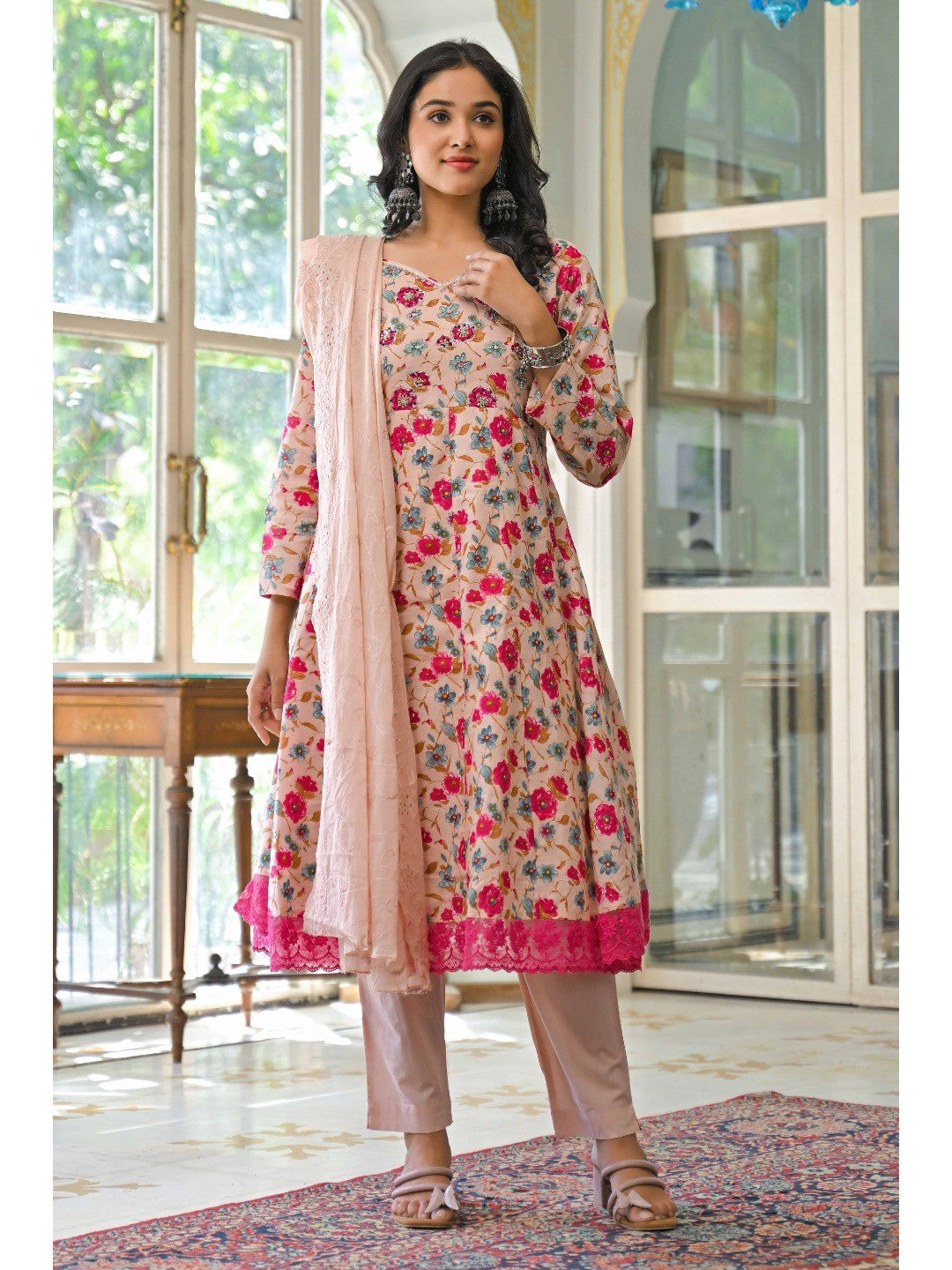 Light Pink Floral Printed Beads Work Pure Cotton Anarkali Salwar Suit - Image 5
