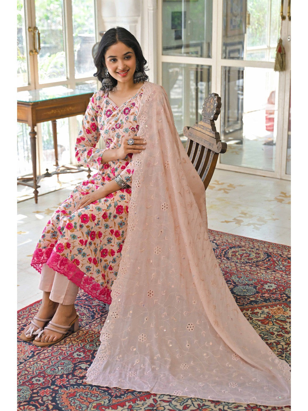 Light Pink Floral Printed Beads Work Pure Cotton Anarkali Salwar Suit - Image 3
