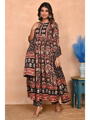 Regal Black Paisley Anarkali Suit in Breathable Cotton Fabric for Effortless Style - Image 1