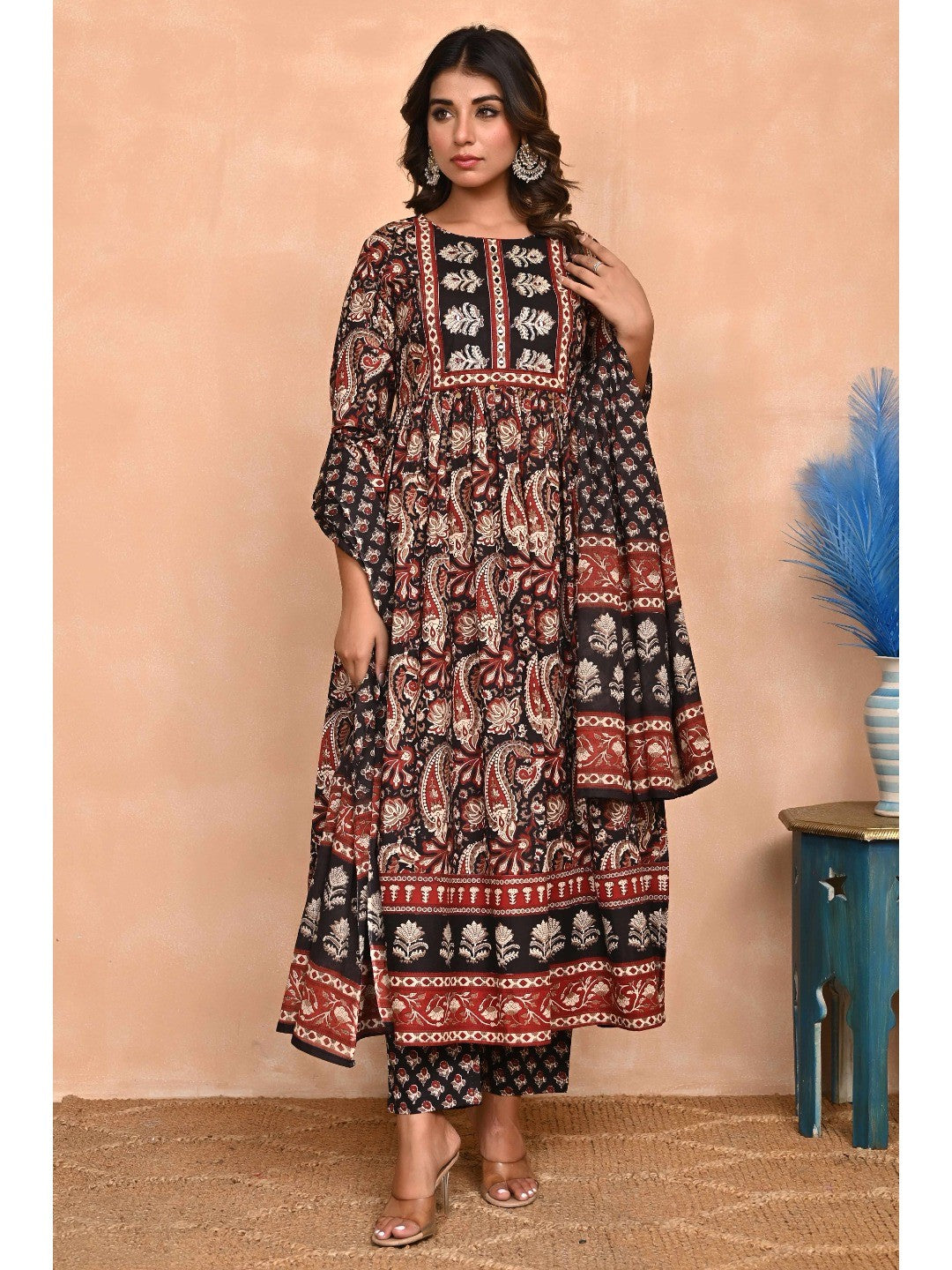 Regal Black Paisley Anarkali Suit in Breathable Cotton Fabric for Effortless Style - Image 2