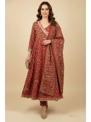 Rusty Red Anarkali Salwar Suit in Pure Cotton with All-Over Floral Print and Delicate Lacework - Image 1