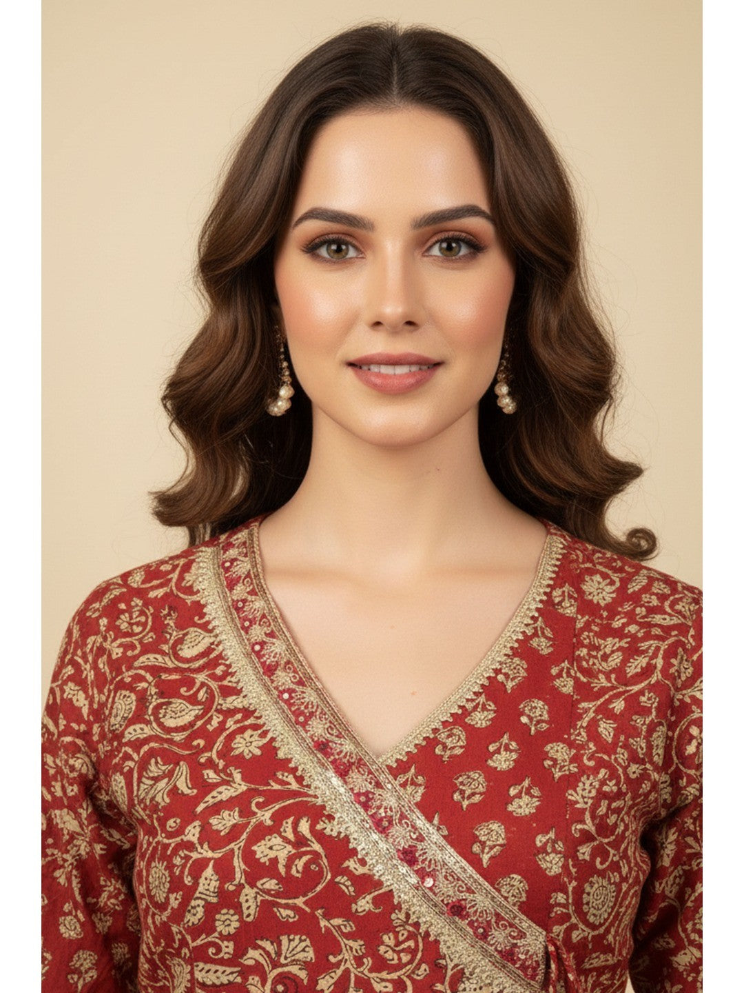 Rusty Red Anarkali Salwar Suit in Pure Cotton with All-Over Floral Print and Delicate Lacework - Image 4