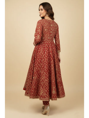 Rusty Red Anarkali Salwar Suit in Pure Cotton with All-Over Floral Print and Delicate Lacework - Image 2