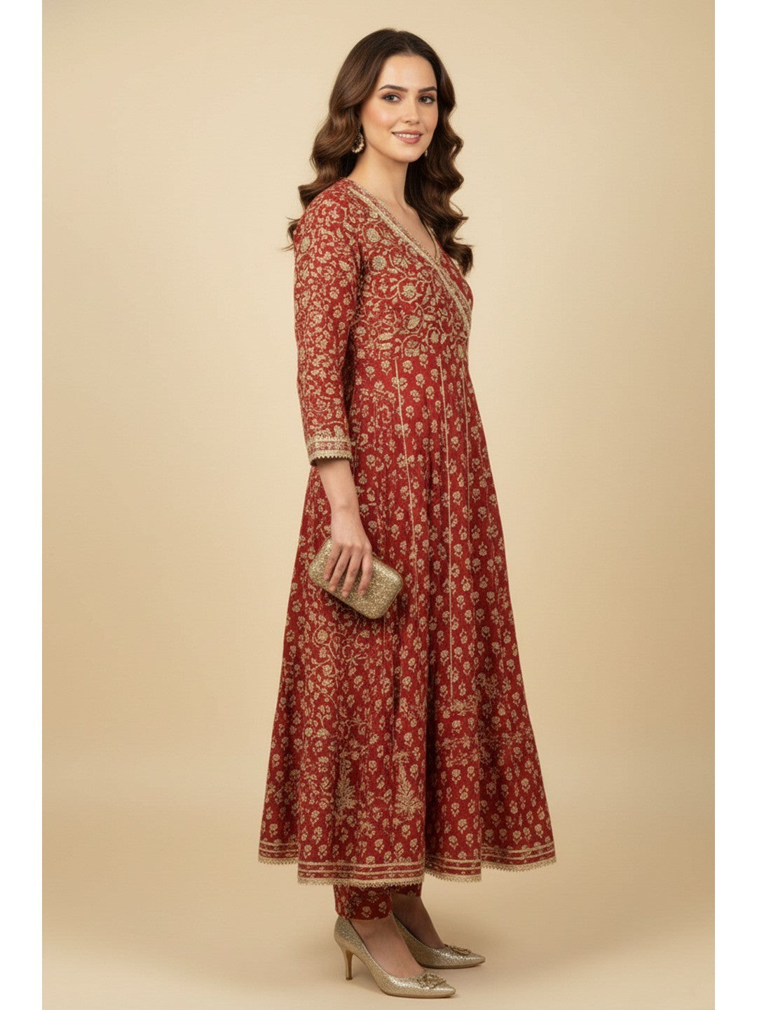 Rusty Red Anarkali Salwar Suit in Pure Cotton with All-Over Floral Print and Delicate Lacework - Image 3