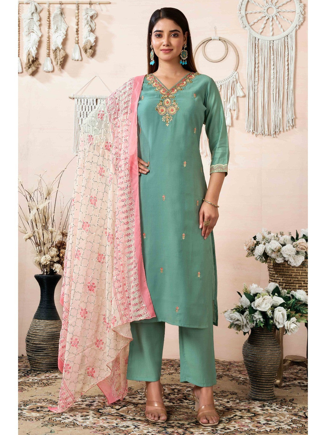 Sea Green Beads Embroidered Chanderi Silk Straight Salwar Suit - Image 1