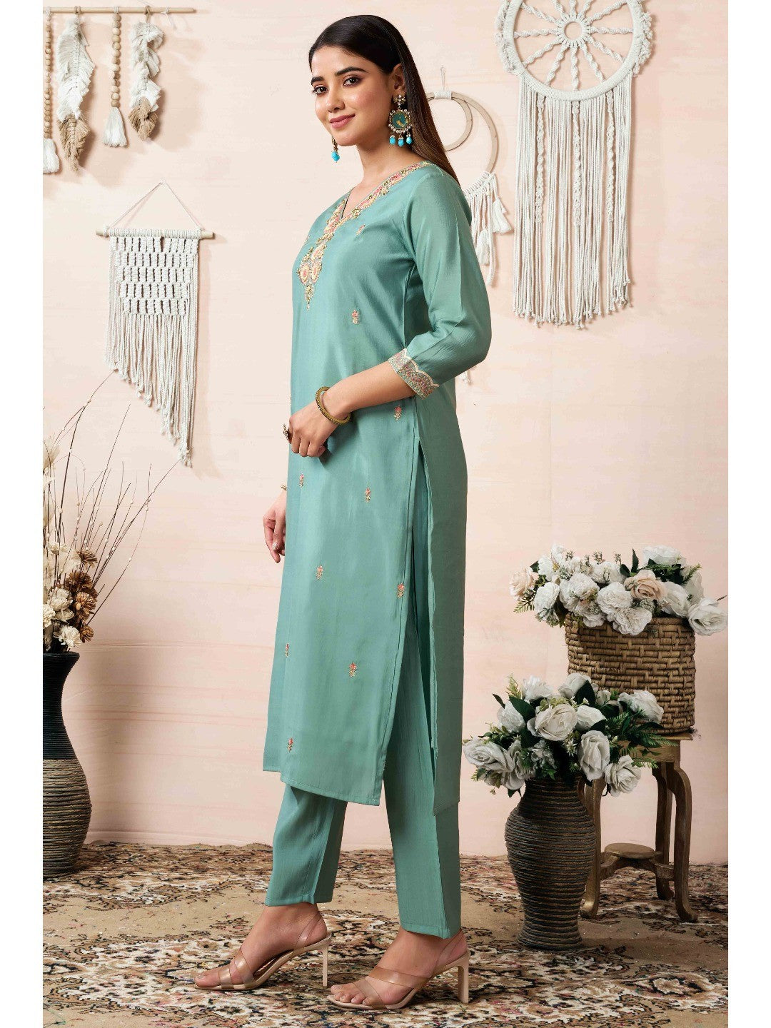Sea Green Beads Embroidered Chanderi Silk Straight Salwar Suit - Image 3