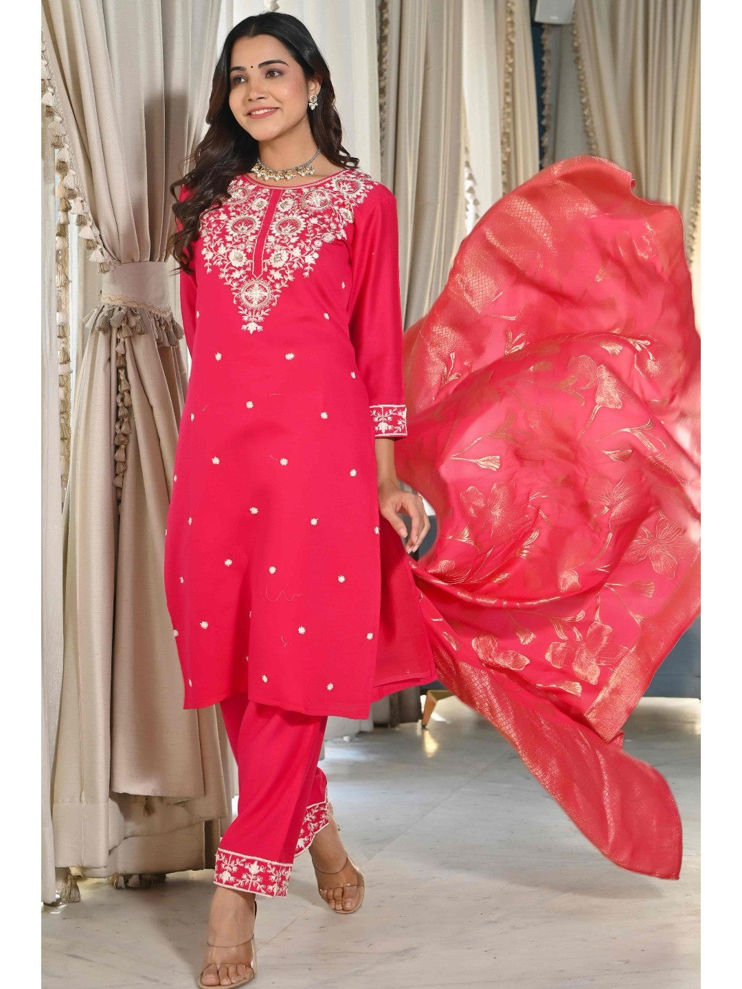 Pink Sequins Embroidered Cotton Silk Salwar Suit - Image 1