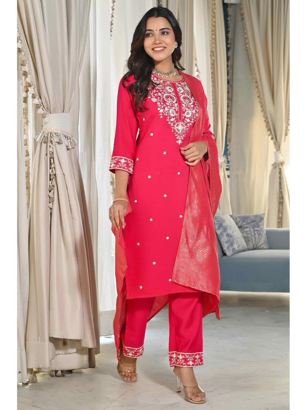 Pink Sequins Embroidered Cotton Silk Salwar Suit - Image 9