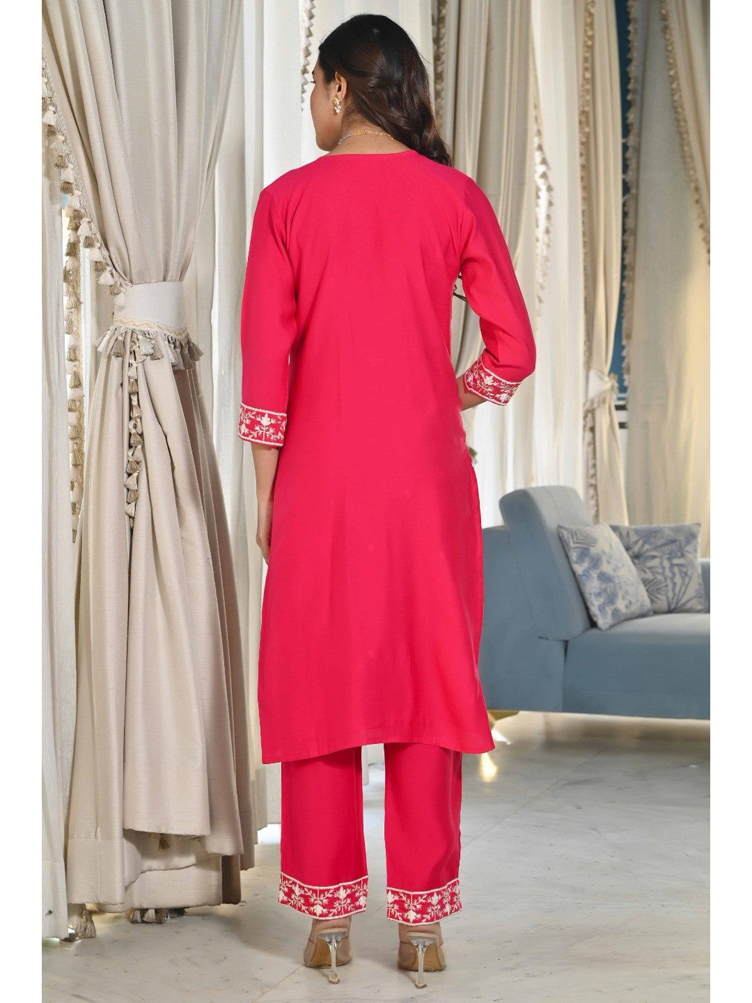 Pink Sequins Embroidered Cotton Silk Salwar Suit - Image 2