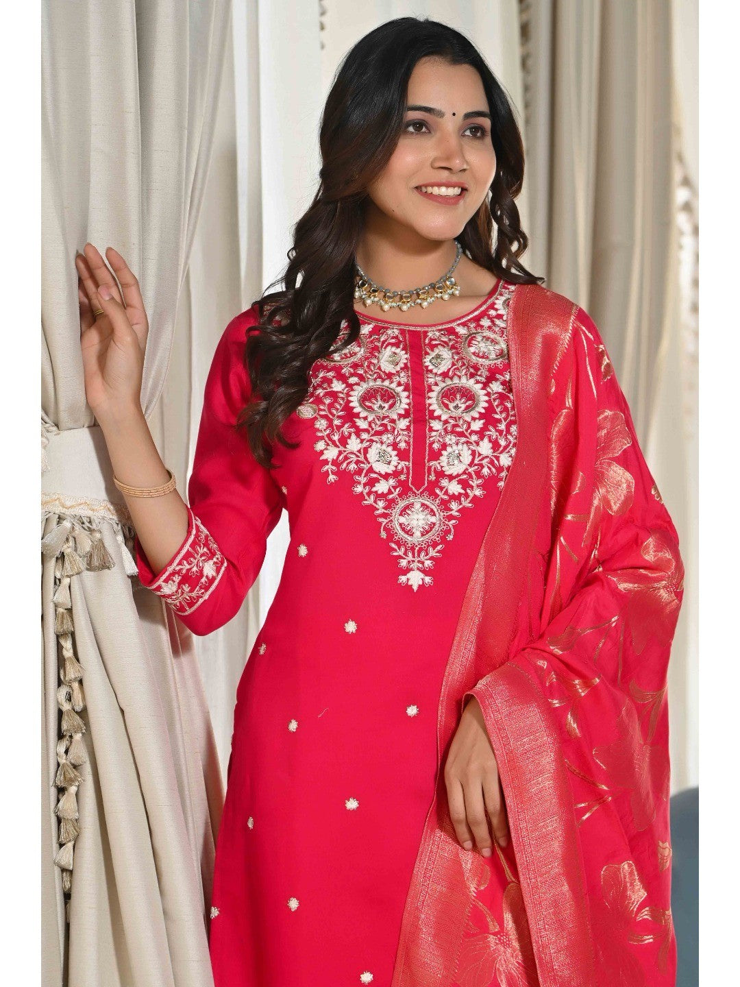 Pink Sequins Embroidered Cotton Silk Salwar Suit - Image 10