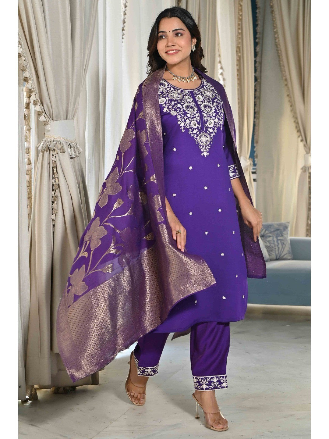 Violet Sequins Embroidered Cotton Silk Salwar Suit - Image 8