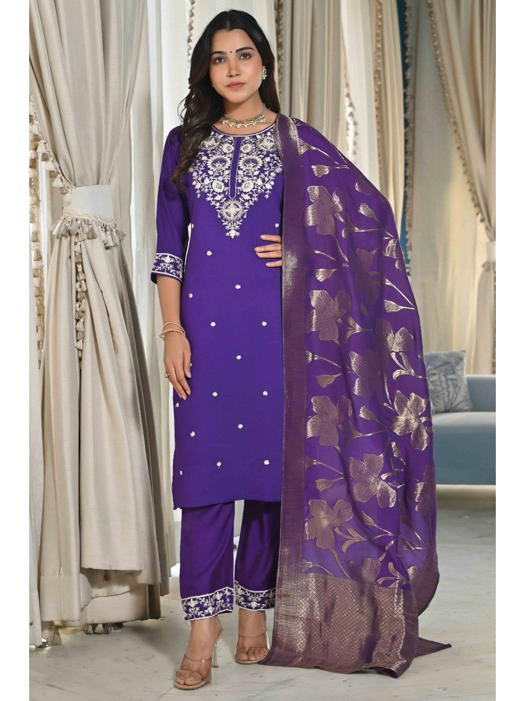 Violet Sequins Embroidered Cotton Silk Salwar Suit - Image 3