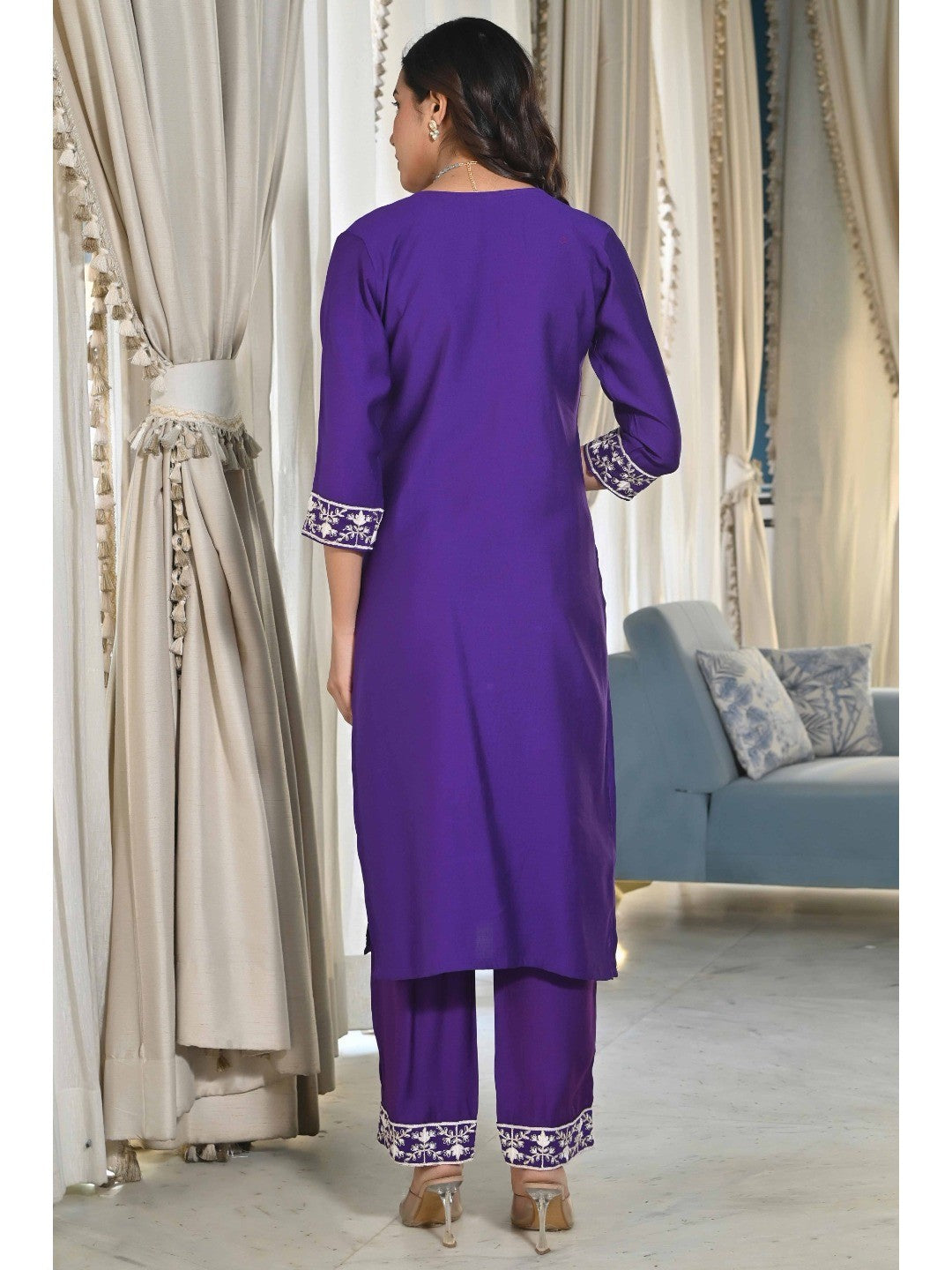 Violet Sequins Embroidered Cotton Silk Salwar Suit - Image 7