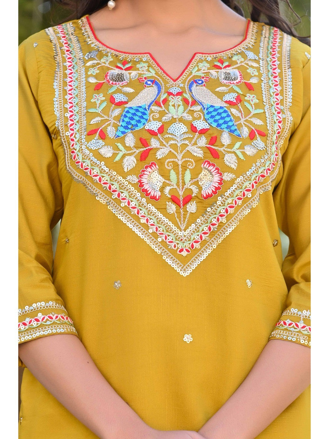 Mustard Sequins Embroidered Viscose Salwar Suit - Image 8