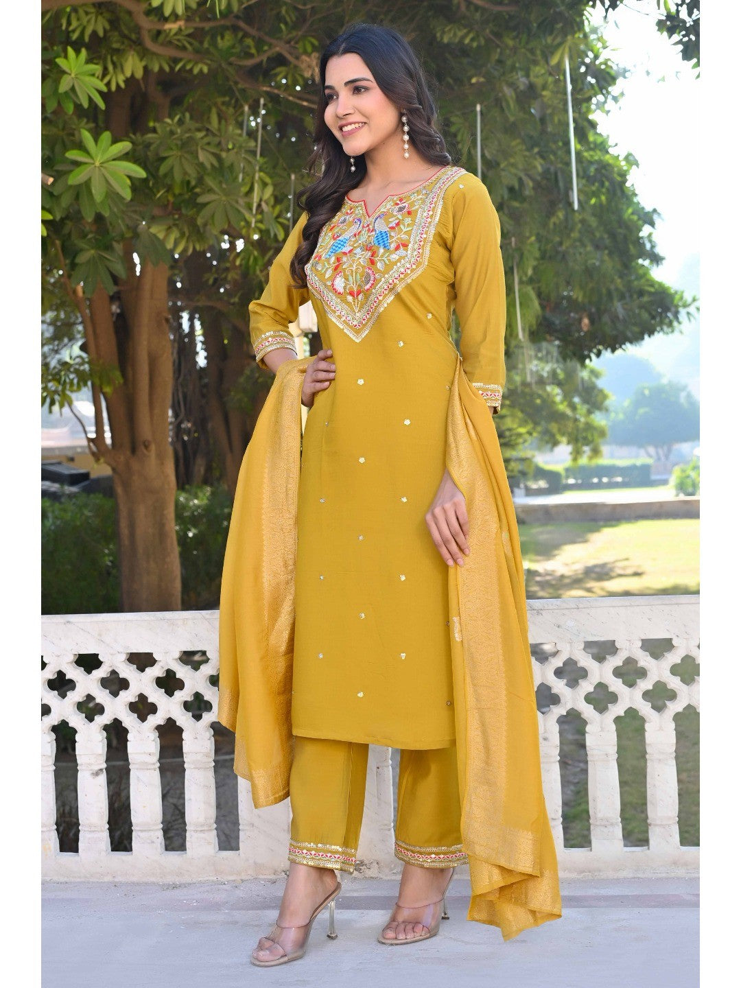 Mustard Sequins Embroidered Viscose Salwar Suit - Image 1