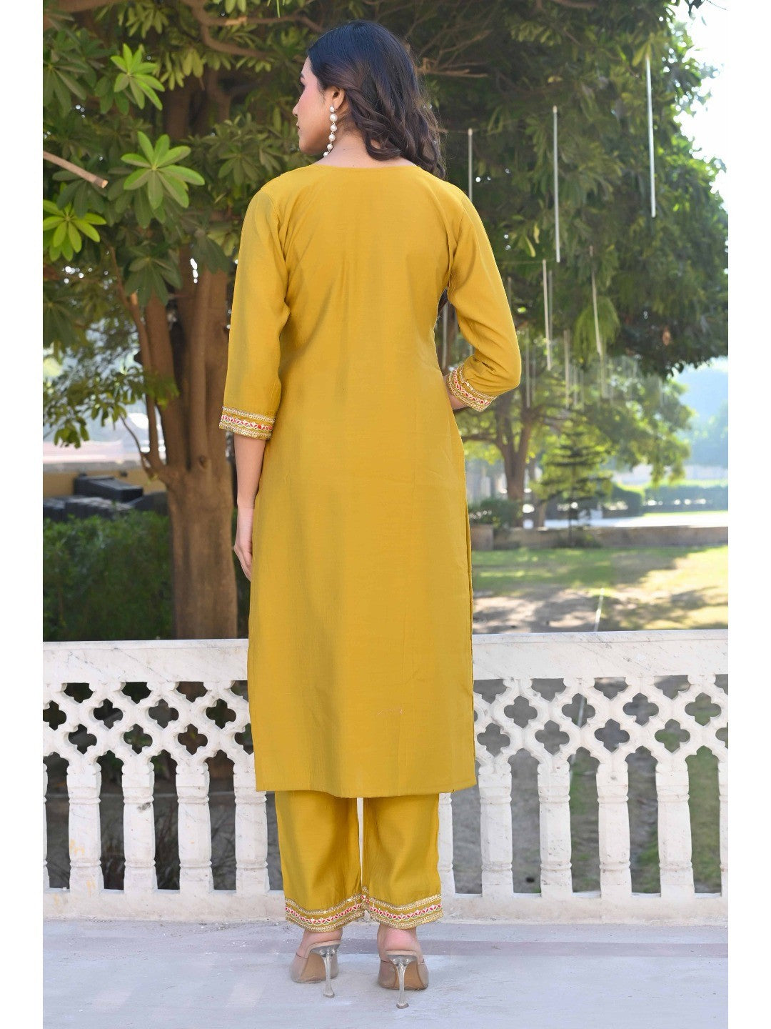 Mustard Sequins Embroidered Viscose Salwar Suit - Image 5