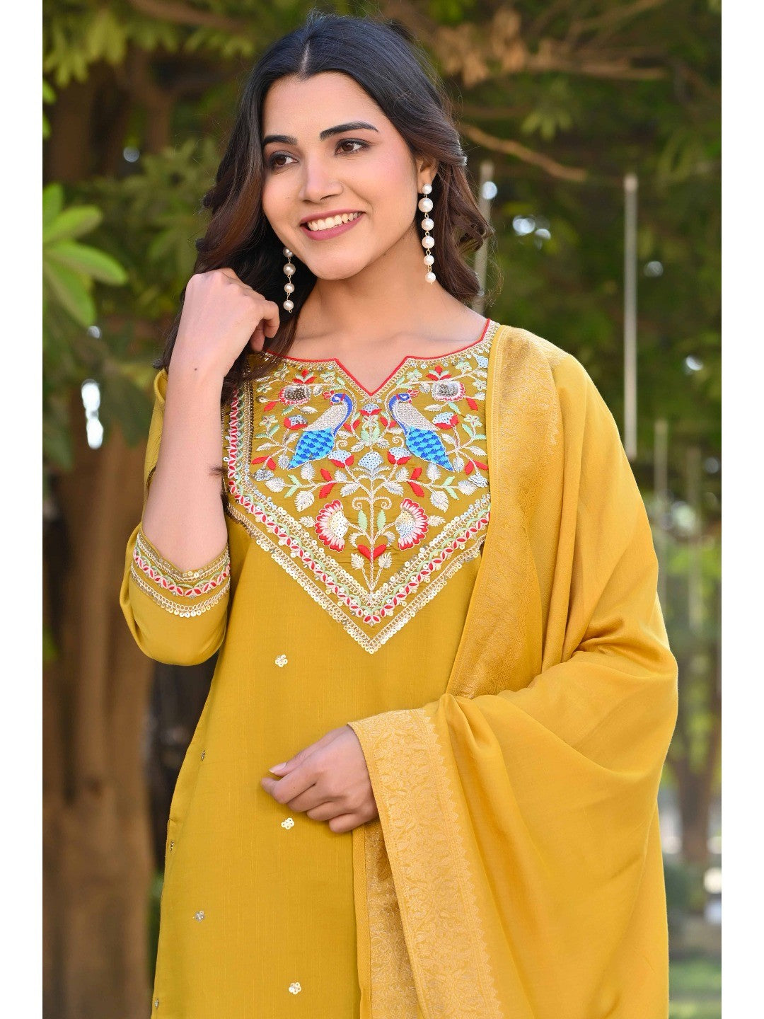 Mustard Sequins Embroidered Viscose Salwar Suit - Image 7