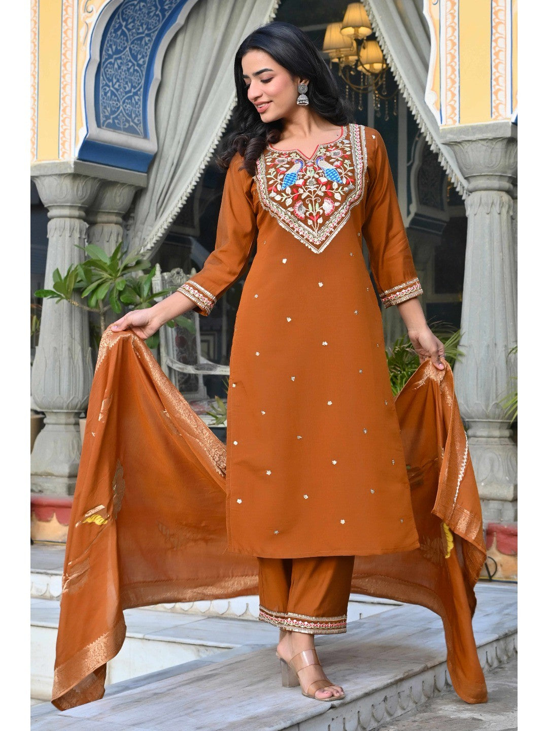 Brown Sequins Embroidered Viscose Salwar Suit - Image 1
