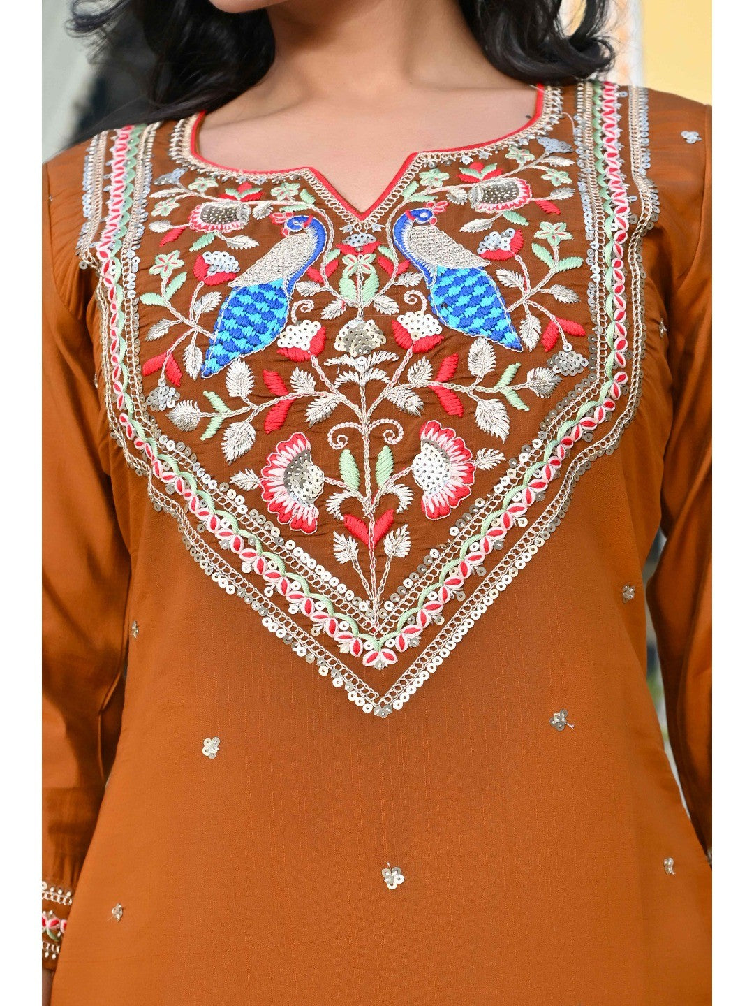 Brown Sequins Embroidered Viscose Salwar Suit - Image 8