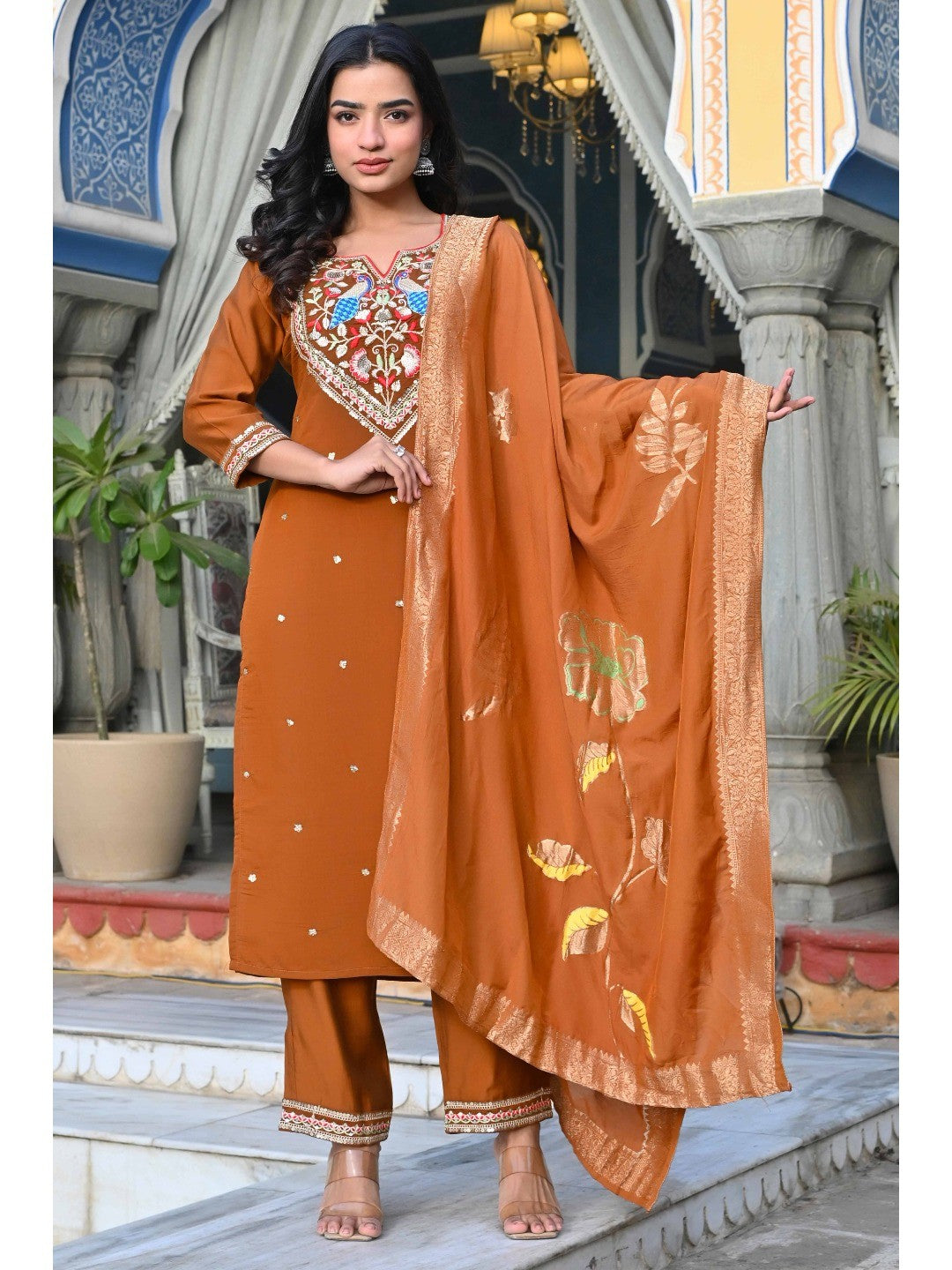 Brown Sequins Embroidered Viscose Salwar Suit - Image 3