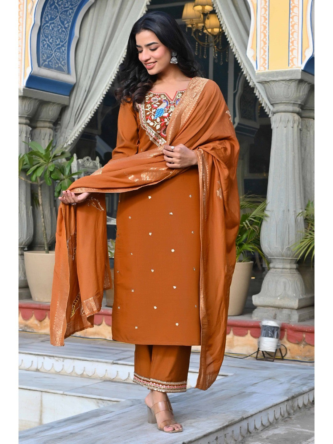 Brown Sequins Embroidered Viscose Salwar Suit - Image 6