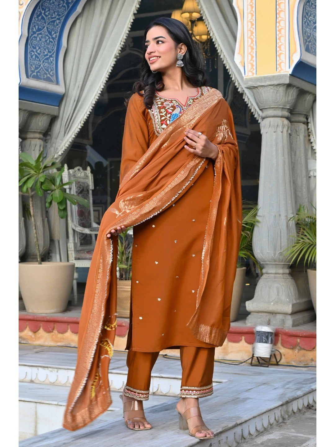 Brown Sequins Embroidered Viscose Salwar Suit - Image 4
