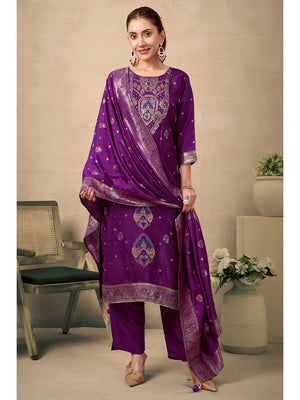 Wine Colored Viscose Jacquard Silk Straight Salwar Suit With Zari Weaving And Stone Work. - Image 1