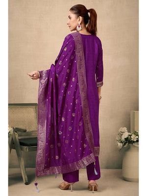 Wine Colored Viscose Jacquard Silk Straight Salwar Suit With Zari Weaving And Stone Work. - Image 2